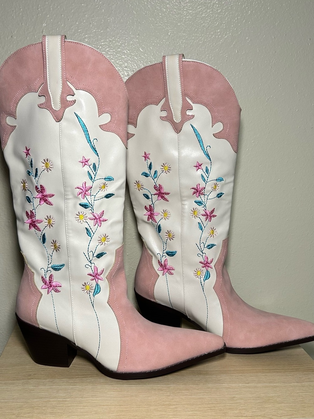 Amazon Pink and White Floral Embroidered Western Heeled Boots